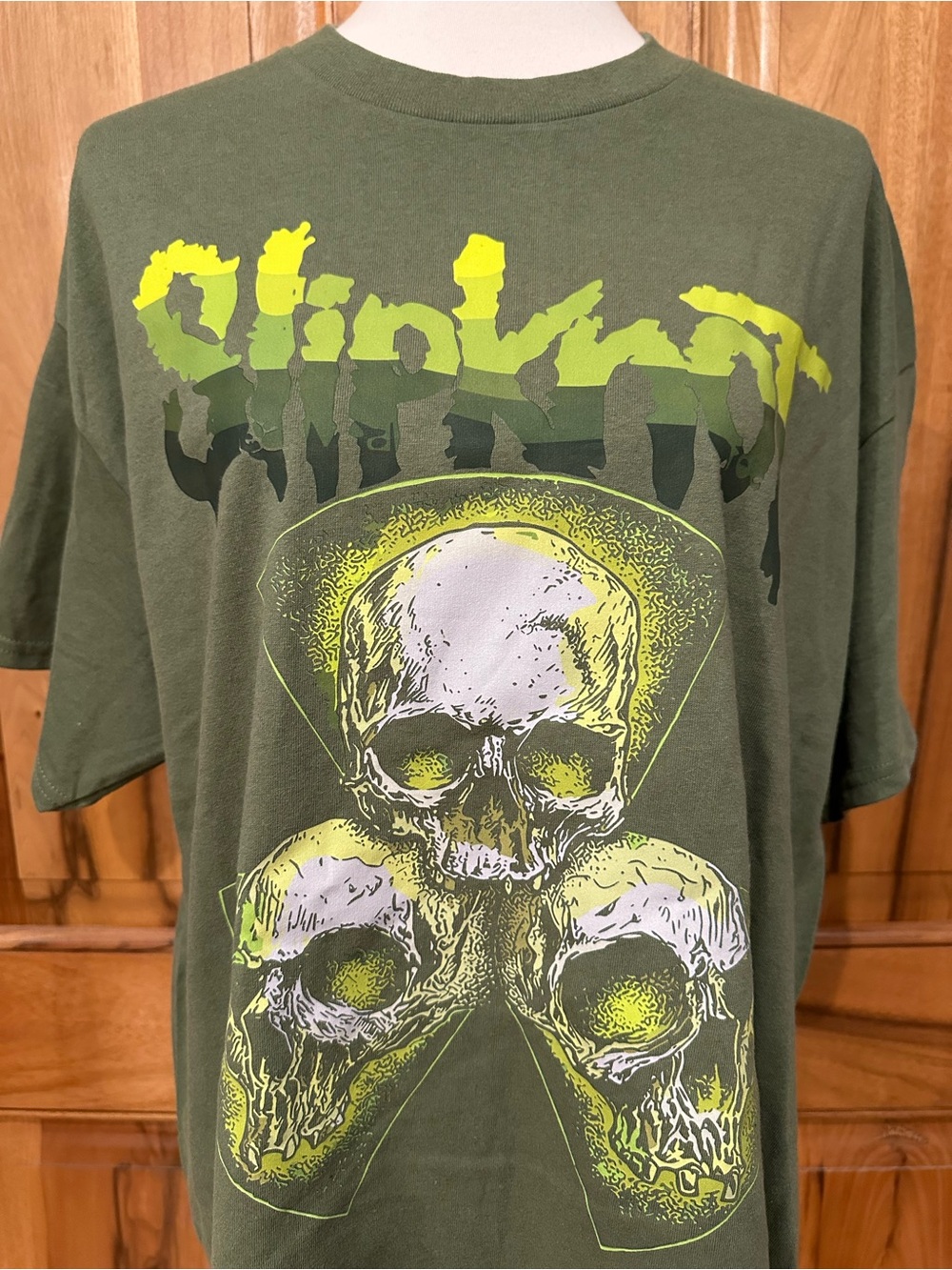 Slipknot Band Tee Three Skulls, Green-on-Green, EUC, XL